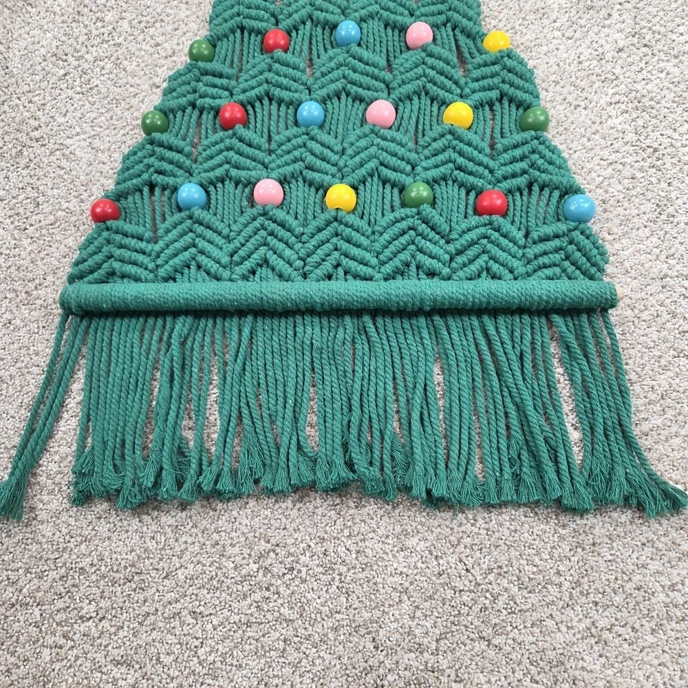 Vintage Green Macrame Christmas Tree Wall‎ Hanging Wooden Beads Handmade